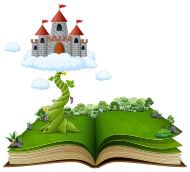 Vector illustration of Story book with magic beanstalk and castle in the clouds clipart
