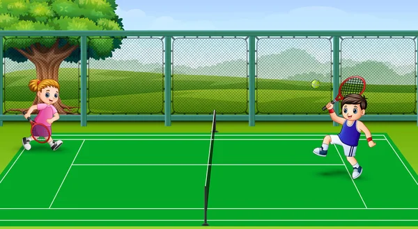 在法庭上打网球的快乐孩子的矢量插图 — 图库矢量图片
