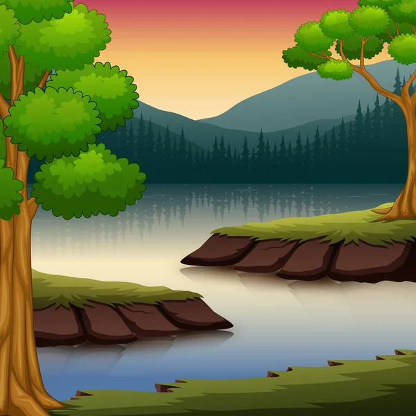 Vektorillustration Skog Scen Med Många Träd Och Floden Illustration — Stock vektor