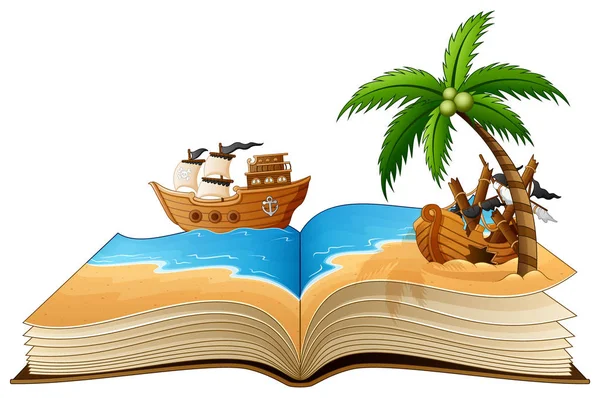 Відкрита Книга Піратським Кораблем Пляжі — стоковий вектор