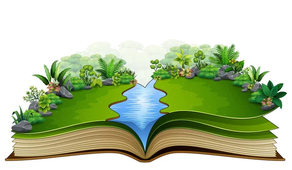 Vector Illustration Open Book River Green Plant Nature Background — Stock Vector