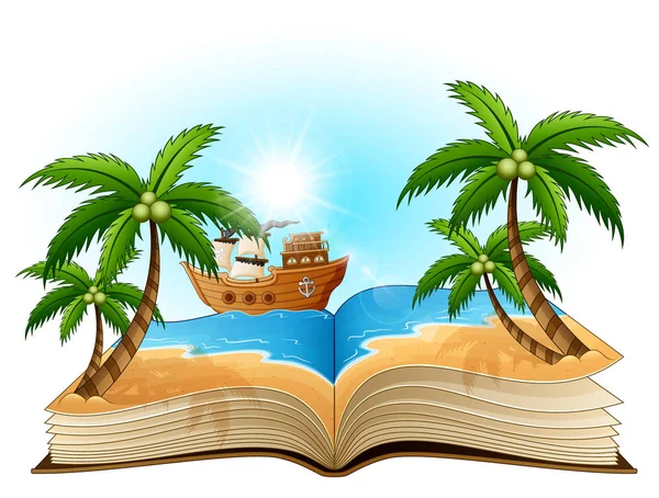 Ilustración Vectorial Libro Abierto Con Barco Pirata Playa — Vector de stock