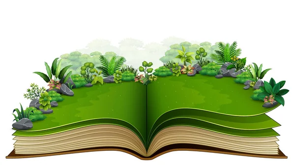 Vektor Illustration Des Offenen Buches Mit Grüner Pflanze Der Natur — Stockvektor