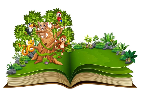 Vector Illustration Open Book Animals Cartoon Trees — Stock Vector