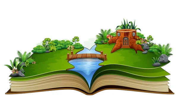 Illustrazione Vettoriale Del Libro Story Con Fiume Una Casa Legno — Vettoriale Stock