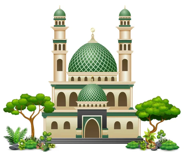 Vektor Ilustrasi Bangunan Masjid Islam Dengan Tanaman Hijau - Stok Vektor