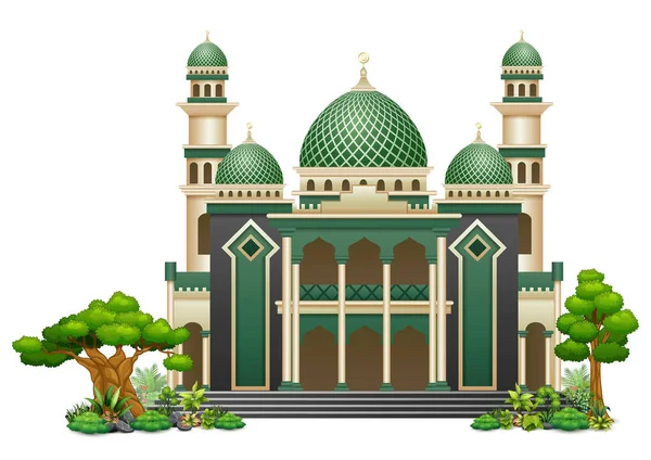 Vektor Ilustrasi Bangunan Masjid Islam Dengan Tanaman Hijau - Stok Vektor
