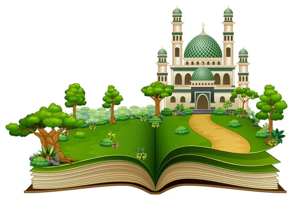 Ilustración Vectorial Libro Abierto Con Mezquita Islámica Parque — Archivo Imágenes Vectoriales