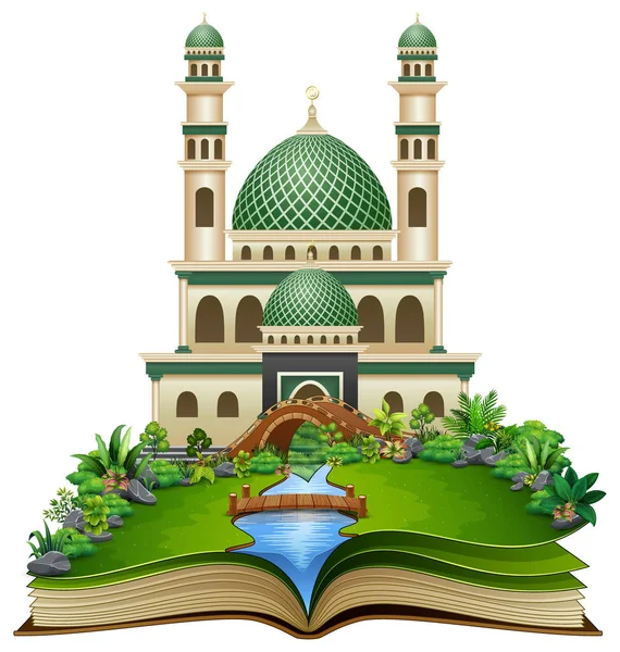 Illustrazione Vettoriale Del Libro Aperto Con Moschea Islamica Nel Parco — Vettoriale Stock