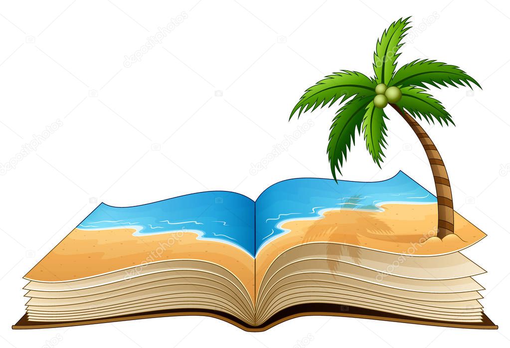 Vector illustration of Open book with tropical beach on a white background