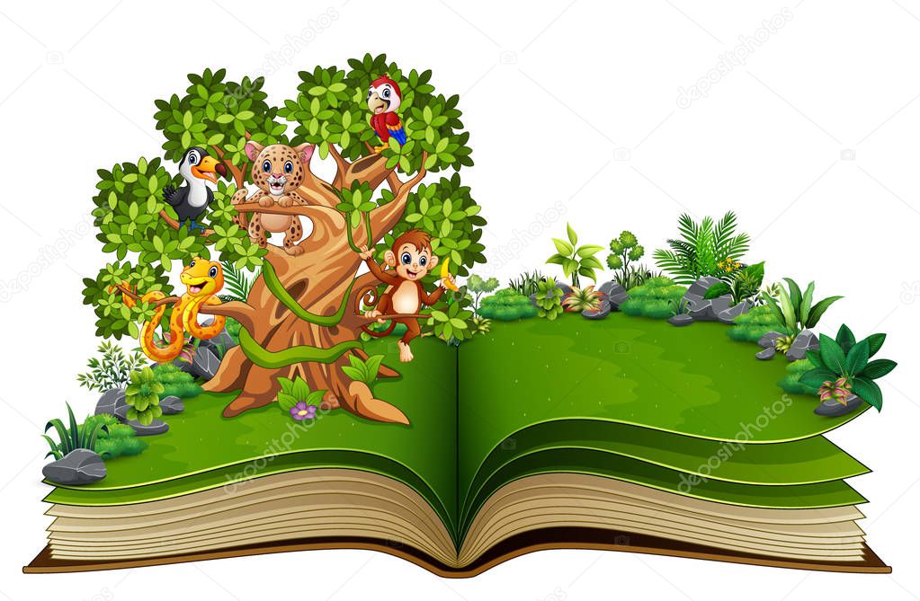 Vector illustration of Open book with animals cartoon on the trees