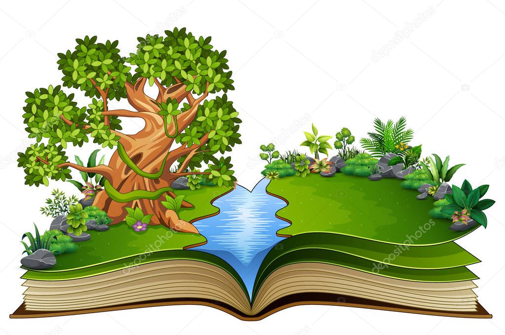 Vector illustration of Open book with river and green plant of nature background