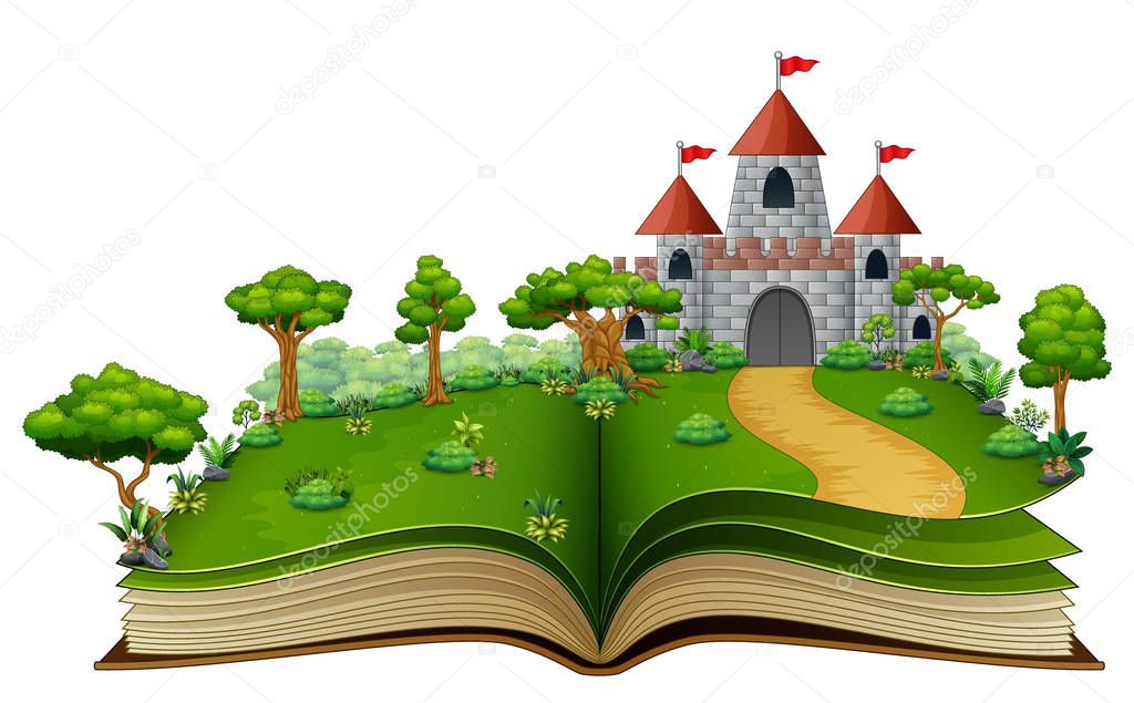 Vector illustration of Story book with a castle in the green park