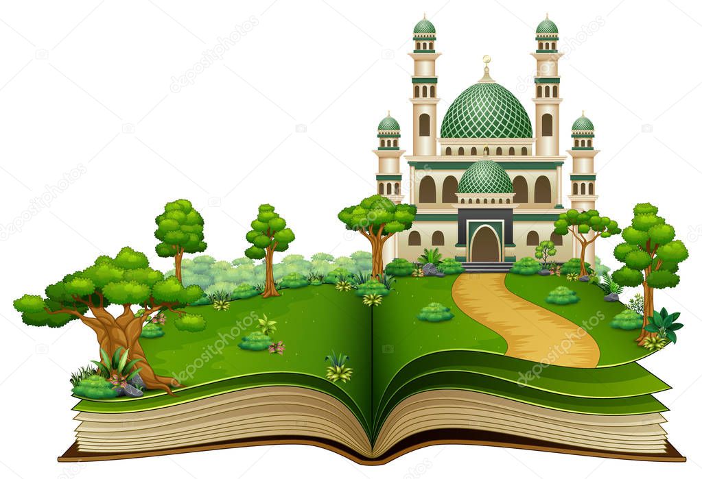 Vector illustration of Open book with islamic mosque in the park