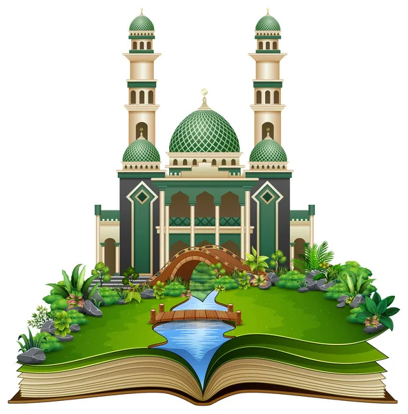 Vektor Ilustrasi Buku Terbuka Dengan Masjid Islamik Taman - Stok Vektor