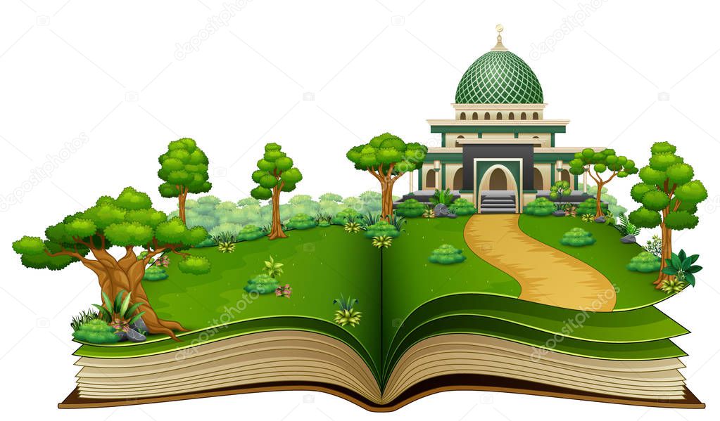 Vector illustration of Open book with islamic mosque in the park