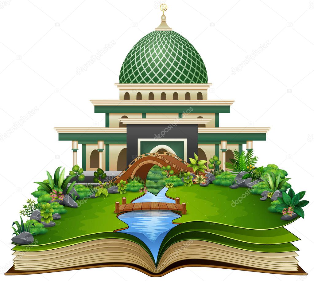 Open book with islamic mosque in the park