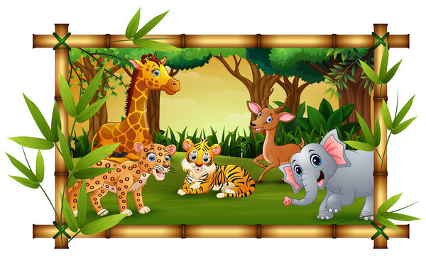 Vector illustration of The animals playing together with bamboo frame