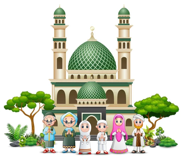 Ilustrasi Kartun Bahagia Muslim Depan Sebuah Masjid - Stok Vektor