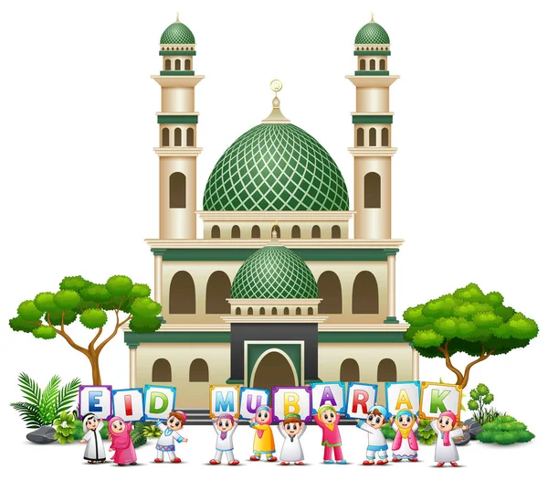 Ілюстрація Щасливі Діти Ісламського Мультфільм Проведення Листи Бажаючи Віз Мубарак — стоковий вектор