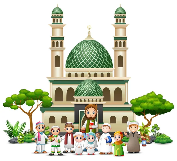 Illustration Happy Muslim People Cartoon Front Mosque — Stock Vector