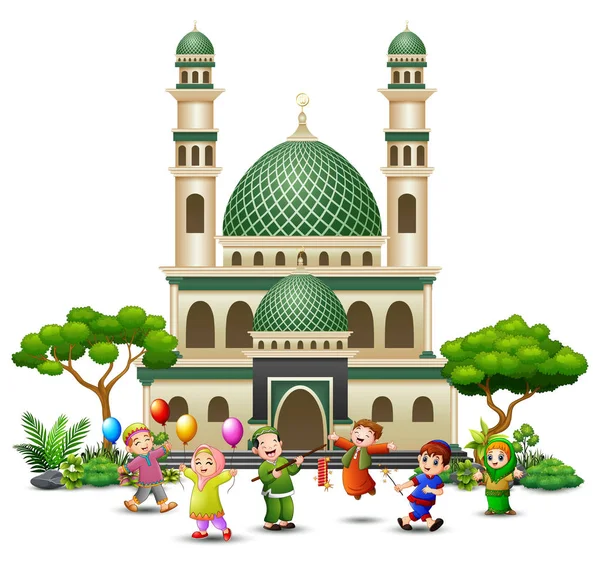 Bir Cami Önünde Mutlu Müslüman Insanlar Karikatür Çizimi — Stok Vektör