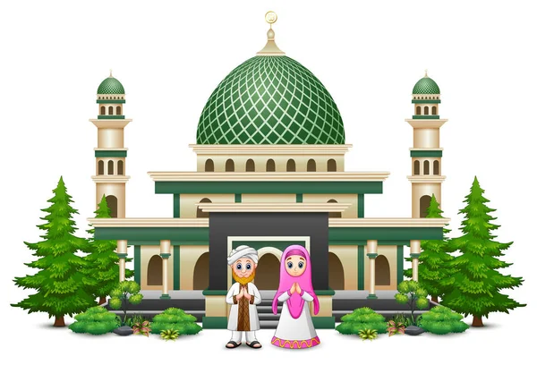 Ilustracja Szczęśliwy Kids Islamskiej Kolorowy Tekst Eid Mubarak Przed Meczet — Wektor stockowy