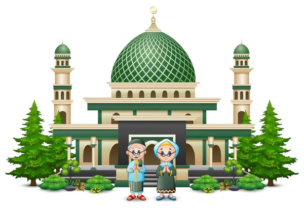 Illustration Einer Fröhlichen Muslimischen Karikatur Vor Einer Moschee — Stockvektor