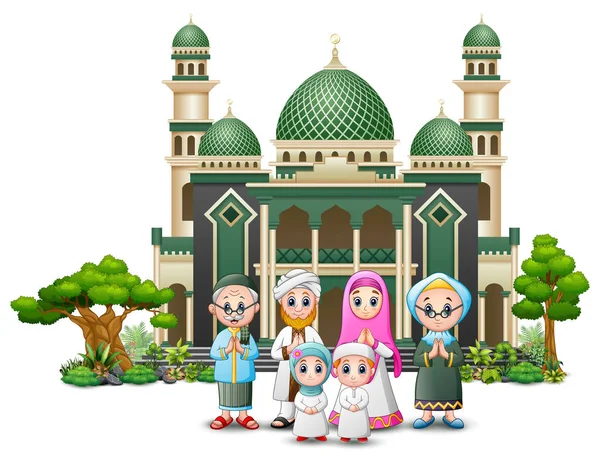 Bir Cami Önünde Mutlu Müslüman Aile Çizimi — Stok Vektör