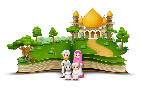 在一本翻开的书的金色清真寺前面的幸福的穆斯林家庭的例证 — 图库矢量图片
