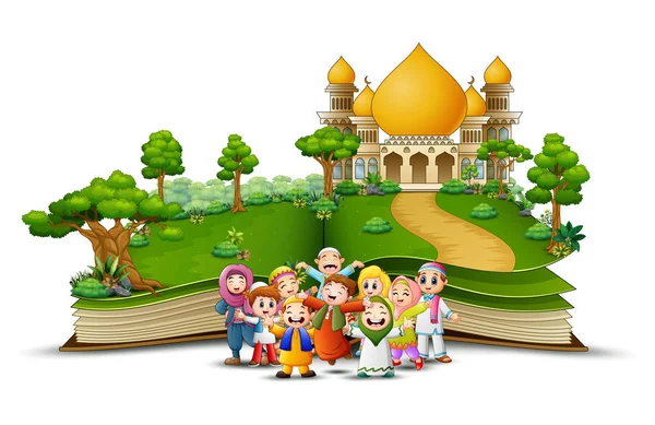 Illustration Famille Musulmane Heureuse Devant Mosquée Livre Ouvert — Image vectorielle