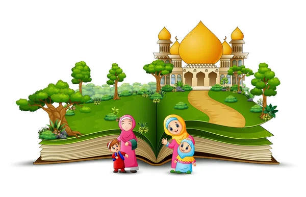 在一本翻开的书的金色清真寺前面的幸福的穆斯林家庭的例证 — 图库矢量图片