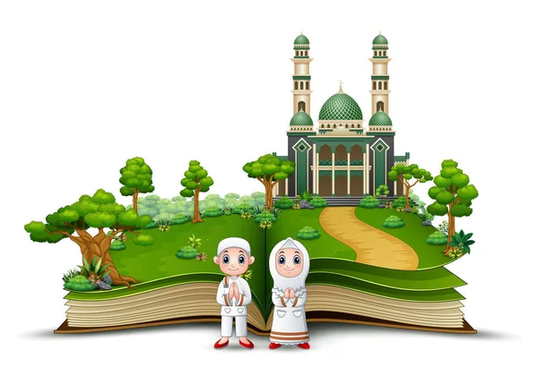 在打开的书的清真寺前面的快乐的穆斯林例证 — 图库矢量图片