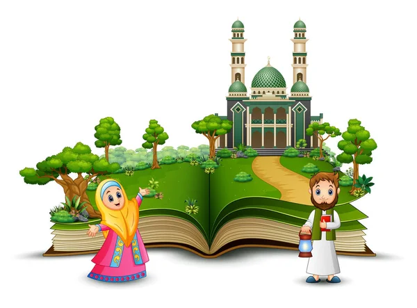 在打开的书的清真寺前面的快乐的穆斯林例证 — 图库矢量图片