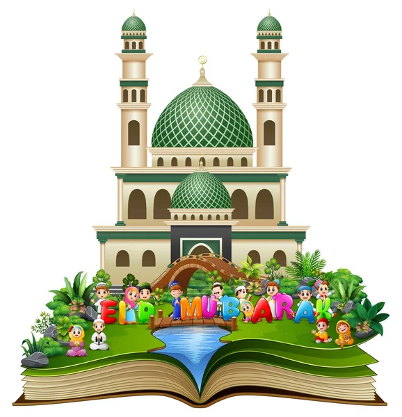 Otwórz Książkę Happy Kids Islamskiej Kolorowy Tekst Eid Mubarak Przed — Wektor stockowy
