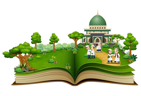 Ilustrasi Membuka Buku Dengan Sekelompok Muslim Yang Bahagia Depan Sebuah - Stok Vektor