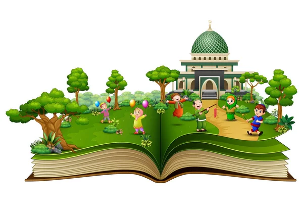 Ilustración Abrir Libro Con Grupo Musulmanes Felices Frente Una Mezquita — Archivo Imágenes Vectoriales