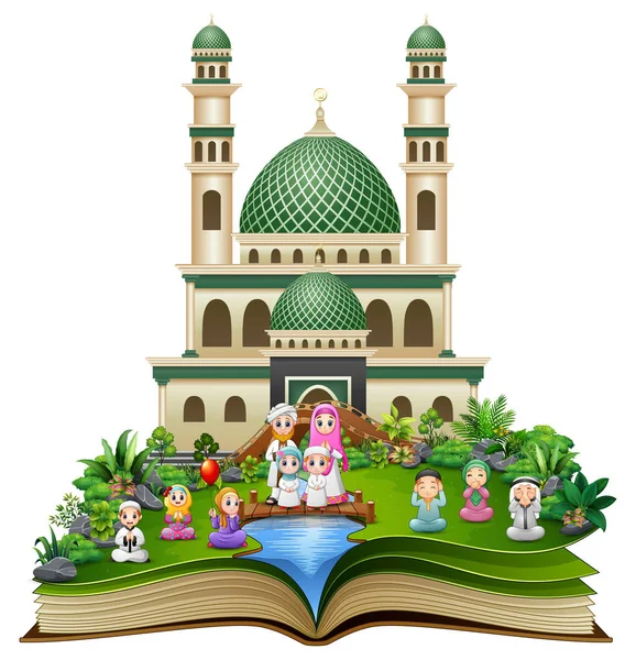 Ilustrace Otevřené Knihy Skupina Muslimských Lidí Třesoucíma Rukama Před Mešitou — Stockový vektor