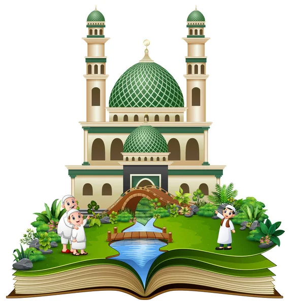 Ilustracja Otwórz Książkę Grupą Muzułmanów Drżenie Rąk Przed Meczet Wieża — Wektor stockowy