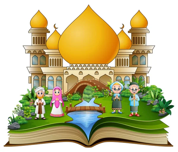 打开一本书的插图与一群穆斯林人握手在一个金色的清真寺前 — 图库矢量图片