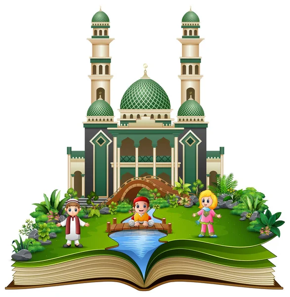 打开一本书的插图与一群穆斯林人握手在清真寺和塔前握手 — 图库矢量图片