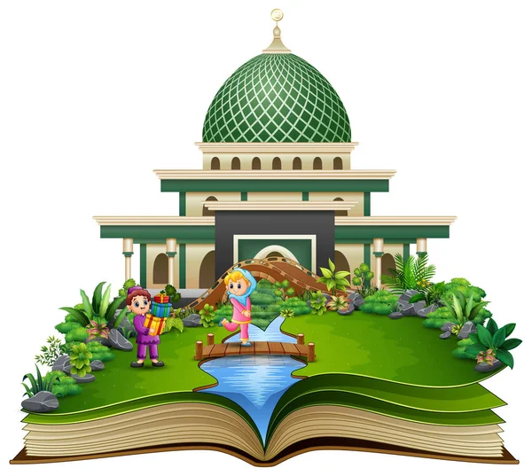 打开一本书的插图与一群穆斯林人握手在清真寺前 — 图库矢量图片