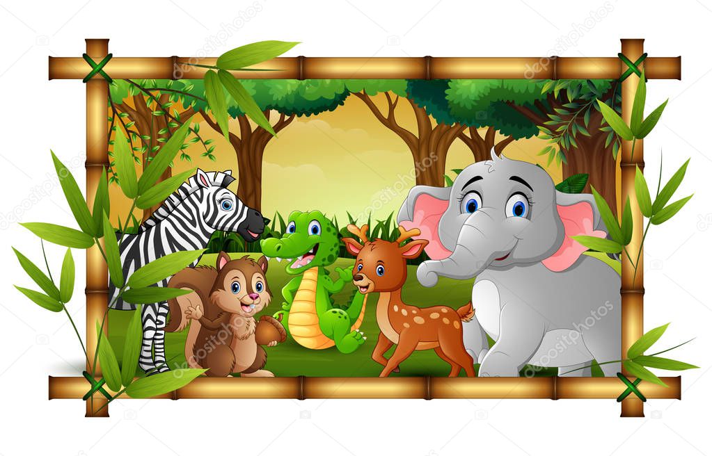 Vector illustration of Happy animals in frame forest