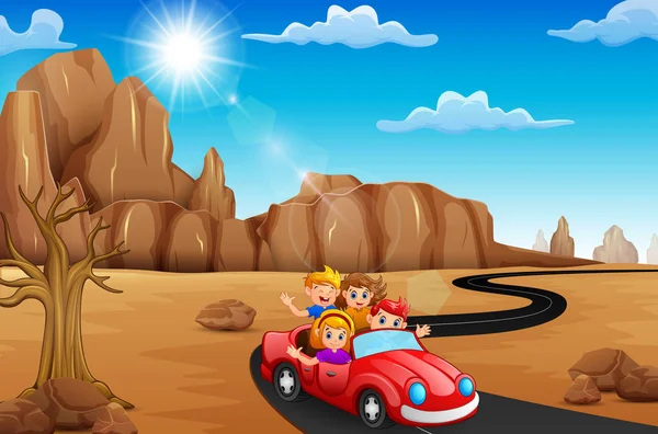 Векторна Ілюстрація Щасливі Діти Які Подорожують Червоним Автомобілем — стоковий вектор