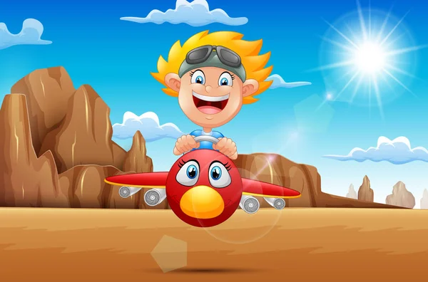 Vector Illustration Cartoon Boy Flying Plane Desert — Stock Vector
