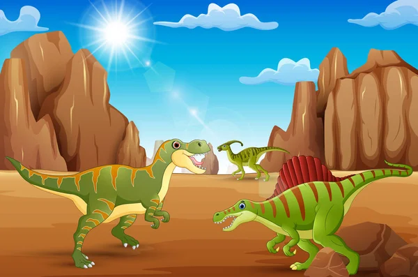 Ilustración Vectorial Dibujos Animados Dinosaurios Felices Que Viven Desierto — Vector de stock