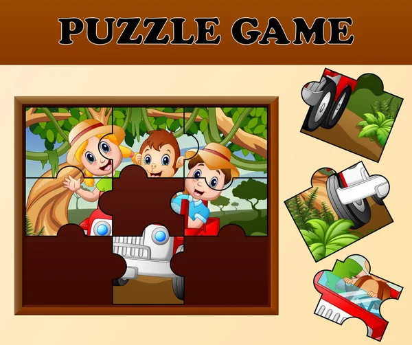 Ilustração em vetor jogo de quebra-cabeça fofo de jogo de quebra-cabeça com  dino de desenho animado feliz