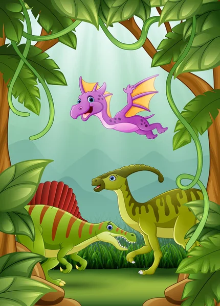 Vektorillustration Glücklicher Dinosaurier Dschungel — Stockvektor
