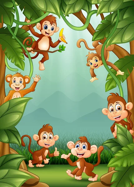 Ilustración Vectorial Los Pequeños Monos Felices Selva — Archivo Imágenes Vectoriales