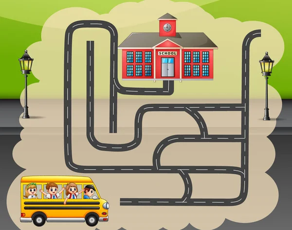 Ilustración Vectorial Ayuda Autobús Escolar Encontrar Camino Escuela — Vector de stock